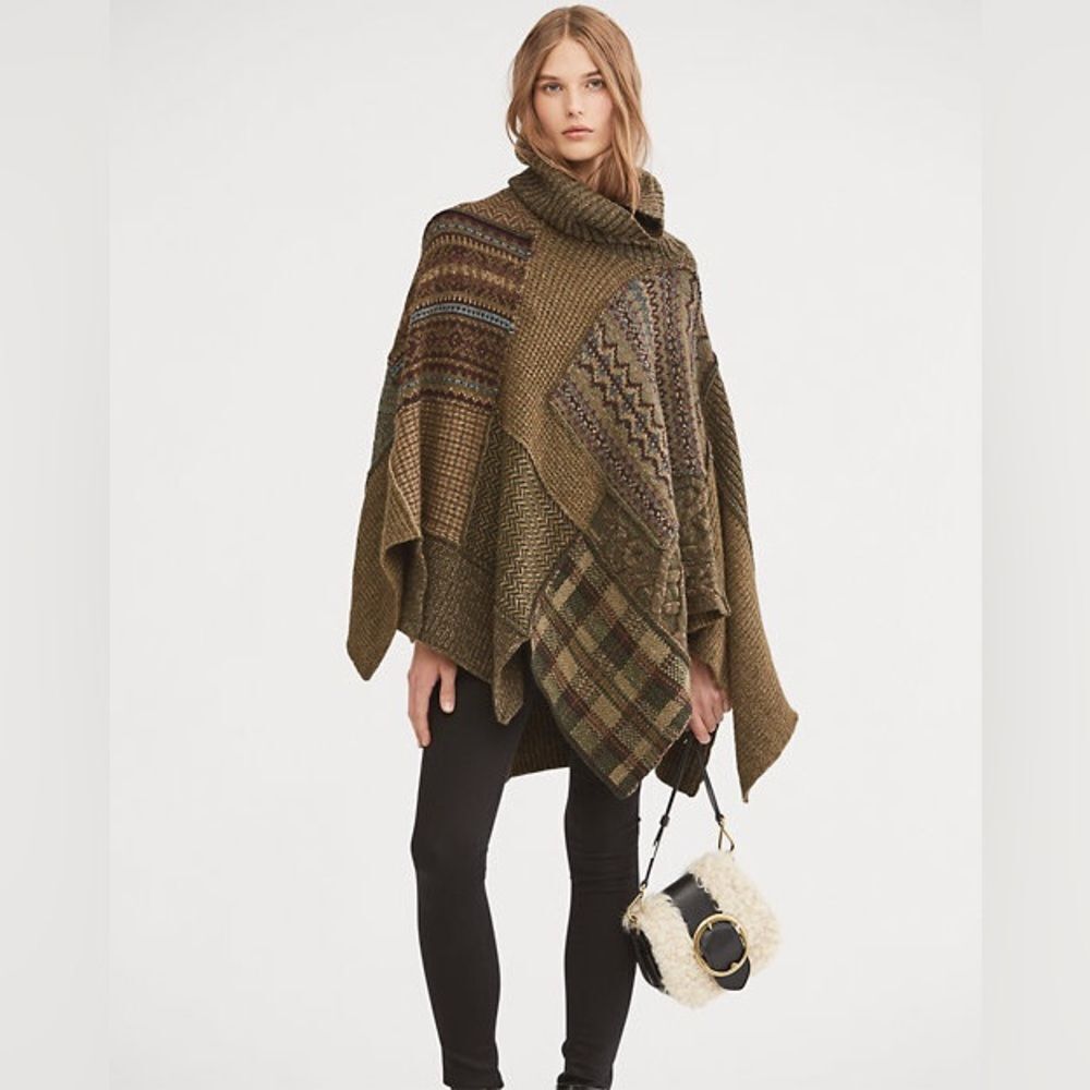 Polo Ralph Lauren Turtleneck Knit Poncho Olive and Brown Fair Isle Patchwork - Picture 11 of 16